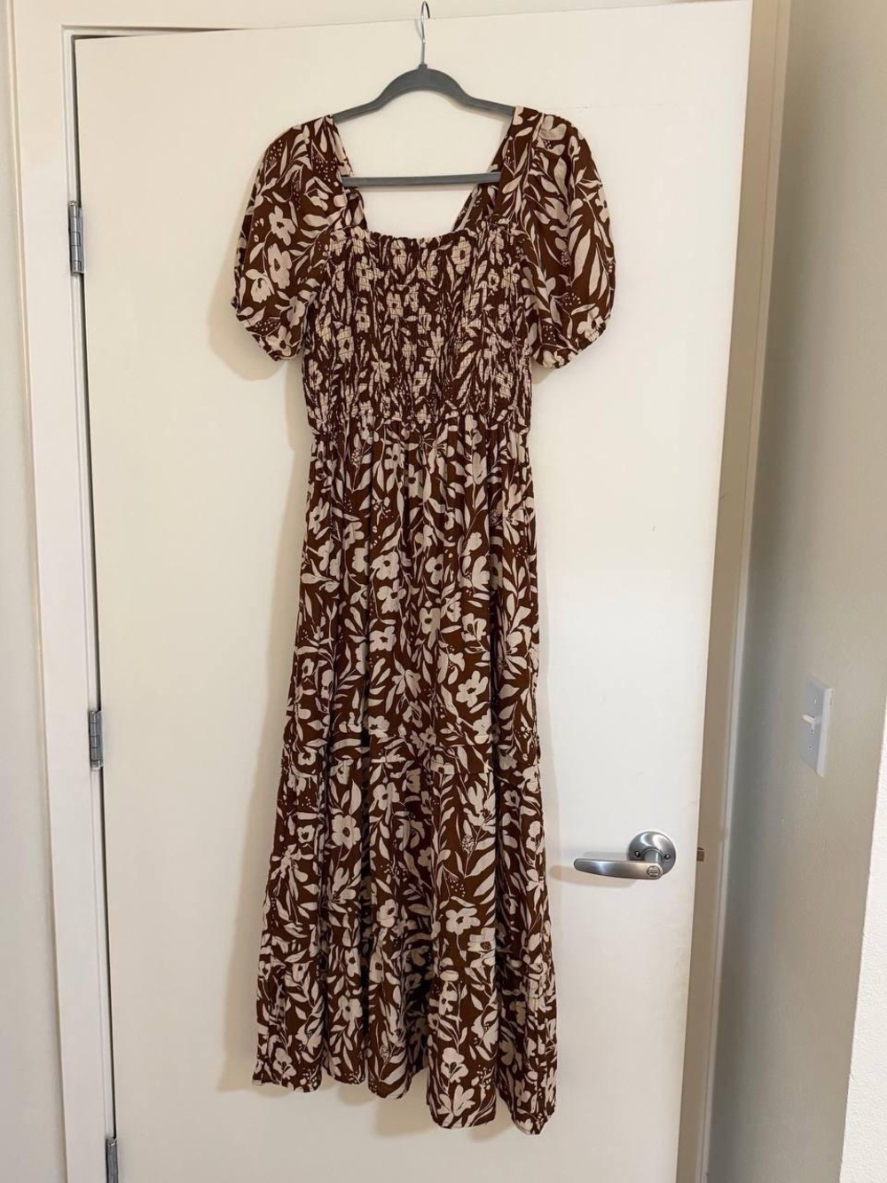 Smocked Brown Floral Maxi Dress with Puff Sleeves